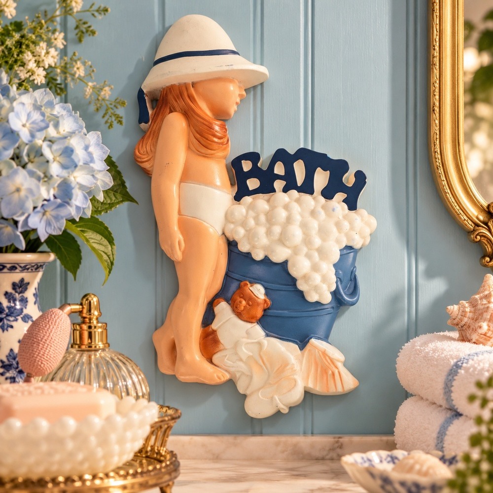Vintage 1989 Miller Studio Chalkware Bath Wall Plaque Girl Bubbles Teddy Bear